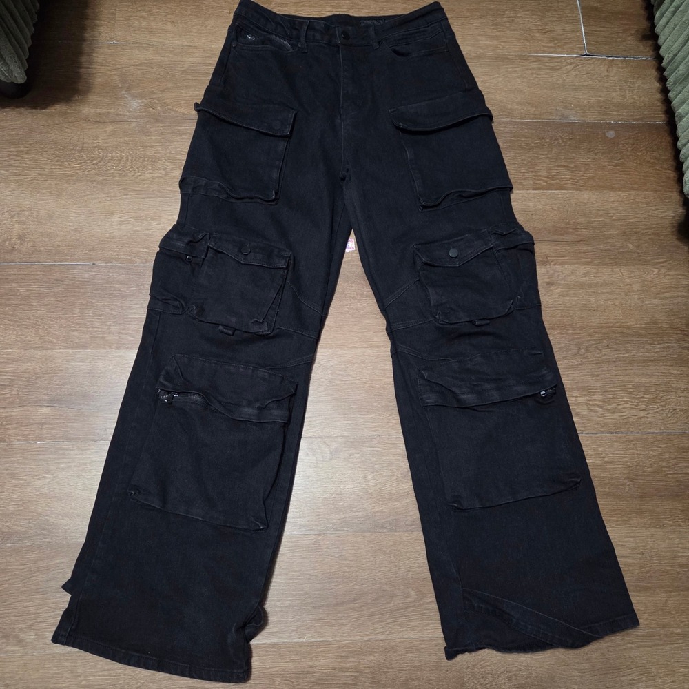 Rockstar Original Mens Baggy Fit Cargo Jeans Black Grunge Wide Leg RSM250 32